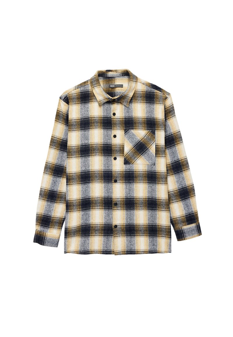 Flannel skjorte i gul, marineblå og hvid ternet mønster. Har en krave med knapper og en brystlomme. Langærmede med knapmanchetter.
