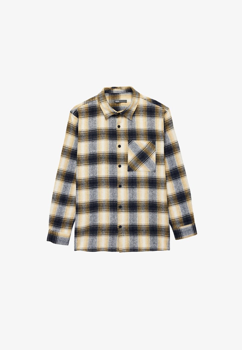 Chemise en flanelle à motifs carreaux jaunes, marins et blancs. Dotée d'un col boutonné et d'une poche poitrine. Manches longues avec des poignets à boutons.