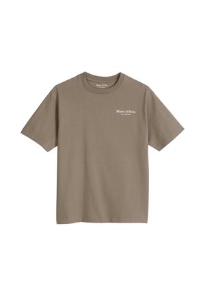 Taupe short-sleeve cotton t-shirt with round neck and white Marc O'Polo logo on the left chest.