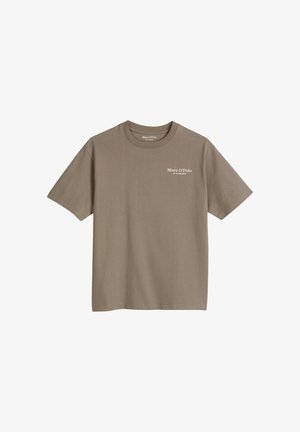 T-shirt en coton couleur taupe à manches courtes avec col rond et logo blanc Marc O'Polo sur la poitrine gauche.