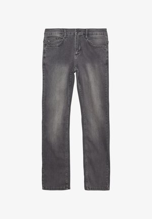 Grijze vervaagde rechte jeans met voorzakken, riemlussen en knoopsluiting, plat weergegeven op een witte achtergrond.