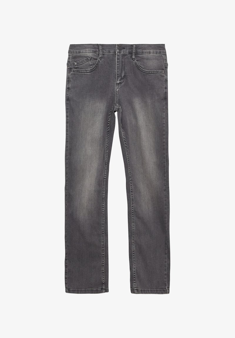 Szare, wyblakłe jeansy o prostym kroju z kieszeniami z przodu, szlufkami na pasek i zapięciem na guziki, ułożone na białym tle.