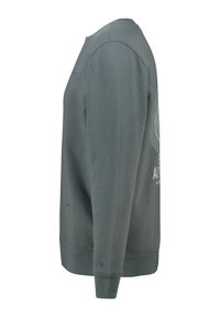 Felpa grigia in cotone con scollatura a girocollo, polsini e orlo a coste. Presenta una grafica frontale in colore contrastante, con una texture minimale.