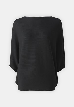 Top oversize nero realizzato in tessuto a coste. Presenta un ampio scollo, maniche corte e una vestibilità morbida. Nessuna hardware o motivo visibile.