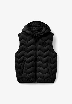 Gilet imbottito nero con motivo a chevron, dotato di chiusura con zip, cappuccio e tasche laterali. Realizzato in materiale leggero e imbottito.