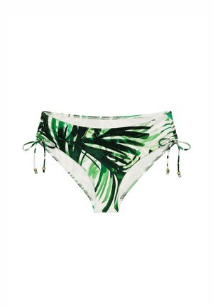 Dół damskiego bikini z zielonym wzorem liści palmowych i regulowanymi bocznymi troczkami z małymi koralikami na białym tle.