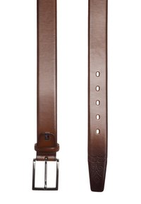 Brown leather belt with a silver metal buckle, featuring five holes for size adjustment and embossed decorative patterns on the tip.