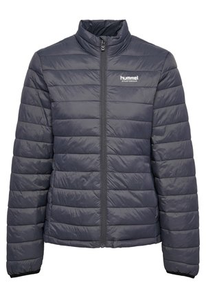 Szara kurtka puchowa z wysokim kołnierzem, pionowymi przeszyciami i zamkiem błyskawicznym z przodu. Posiada białe logo na lewej piersi.