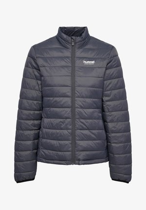 Szara kurtka puchowa z wysokim kołnierzem, pionowymi przeszyciami i zamkiem błyskawicznym z przodu. Posiada białe logo na lewej piersi.