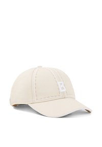 Beige Baseballmütze aus Stoff mit weißen Nähten, ausgestattet mit einem Frontlogo und einem gebogenen Schirm. Weiche Textur, verstellbarer Riemen auf der Rückseite.