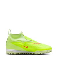 Scarpe da calcio verde neon con parte superiore testurizzata, dettagli rossi e intersuola ammortizzata. Design aderente con un tassello per facilitare l'indossamento.