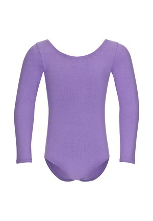 Purple long-sleeve bodysuit made of soft fabric, featuring a round neckline and smooth texture. No patterns or hardware present.