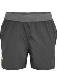 Herrarnas idrottsshorts, mörkgrå, elastisk midja, lätt tyg, slät textur, liten logodetalj i limegrön på vänster sida.
