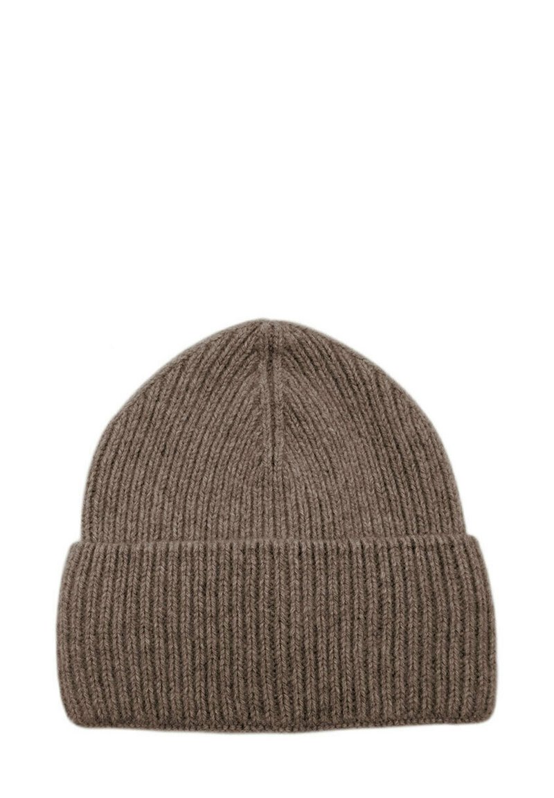 Brown ribbed knit beanie with a folded cuff and a rounded top. Soft texture and even stitching throughout.