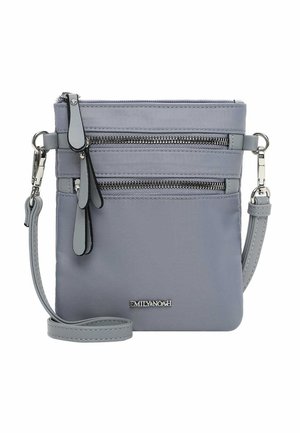 Kompakte, hellgraue Umhängetasche mit zwei vorderen Reißverschlusstaschen, verstellbarem Riemen und "Emily & Noah" Metall-Logo an der Vorderseite.