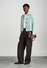 Giacca corta verde menta con bottoni neri, camicia bianca, pantaloni a gamba larga marroni e borsa bordeaux con tracolla a catena.