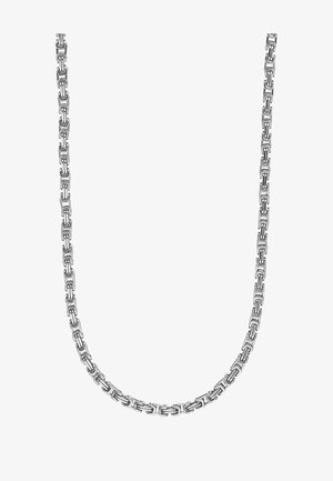 Zilveren ketting met elkaar verweven rechthoekige schakels, met een gladde, gepolijste afwerking en een uniform ontwerp.