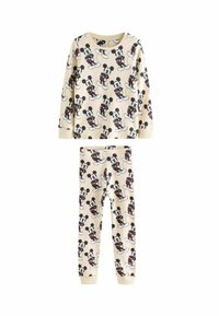 Children's pajama set in soft beige cotton featuring all-over Mickey Mouse print. Long-sleeve top with crew neck and matching elastic waistband pants.