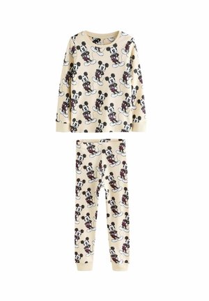 Barnens pyjamasset i mjuk beige bomull med mönster av Mickey Mouse. Långärmad tröja med rund hals och matchande byxor med elastisk midja.