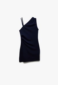 Asymmetrische marineblauwe top met één schouderband, met een zachte, gedrapeerde textuur en een aansluitende pasvorm. Geen zichtbare patronen of hardware.