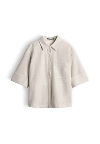 Beige kurzärmliges Hemd mit Knopfleiste, spitzem Kragen, Brusttasche vorne und strukturierter Waffelstrick-Optik.