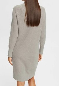 Abito in maglia grigio chiaro, con una texture a coste, maniche lunghe e orlo inferiore aderente. Design strutturato con vista posteriore.