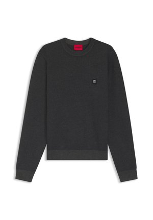 Gray knit sweater with a round neckline, textured pattern, and a small logo on the left chest. Features ribbed cuffs and hem.