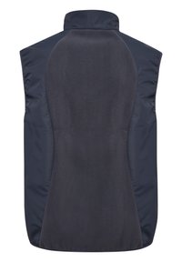 Navyblaue ärmellose Weste mit einem weichen Fleece-Innenfutter und einer glatten Außenseite, hoher Kragen und streamline Design.