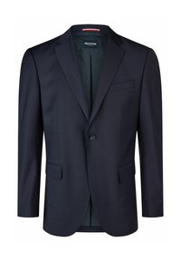 Marineblauer Blazer mit einem einzelnen Knopf, mit Reverskragen, zwei Fronttaschen und einem dezenten Karomuster. Das Innere verfügt über ein gemustertes Futter.