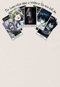 Diseño de cartas de tarot que presenta seis cartas con personajes distintos. Los colores incluyen negro, blanco y tonos de azul y púrpura. El texto arriba dice: "El humano cuyo nombre está escrito en esta nota morirá."