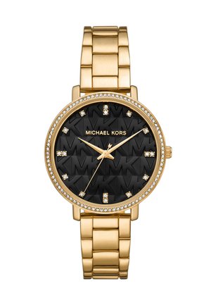 Gold-tone metal wristwatch with black dial featuring raised MK pattern, crystal hour markers, and crystal-studded bezel, showing 10:10:35 time.