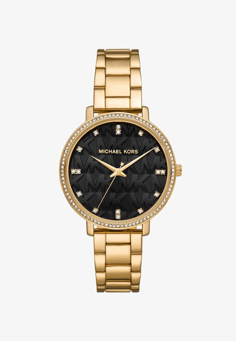 Gold-tone metal wristwatch with black dial featuring raised MK pattern, crystal hour markers, and crystal-studded bezel, showing 10:10:35 time.