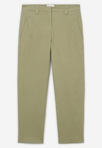 Pantalon beige en coton à jambe droite, avec passants pour ceinture, poches latérales et fermeture éclair à l'avant.