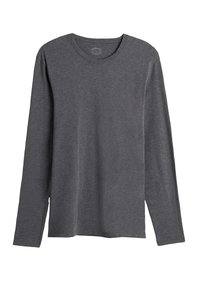 Szara longsleeve z miękkiego materiału, z okrągłym dekoltem i prostym dołem z bocznymi rozcięciami dla łatwości ruchów.