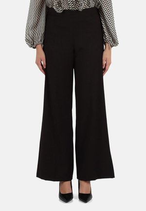 Pantaloni neri a gamba larga realizzati in tessuto liscio, con vita alta e linee pulite, abbinati a scarpe nere a punta.