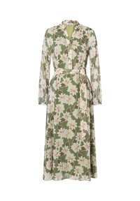 Floral Maxi-Kleid in olivgrün mit rosa und weißen Blumenmustern. Es hat einen Kragen, lange Ärmel, eine Knopfleiste und einen passenden Gürtel.