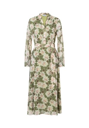 Florale maxi-jurk in olijfgroen, met roze en witte bloemenpatronen. Heeft een kraag, lange mouwen, knopen aan de voorkant en een bijpassende riem.