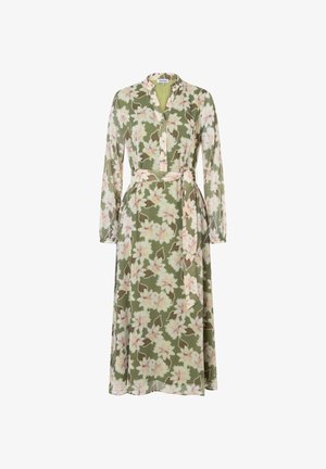 Floral Maxi-Kleid in olivgrün mit rosa und weißen Blumenmustern. Es hat einen Kragen, lange Ärmel, eine Knopfleiste und einen passenden Gürtel.