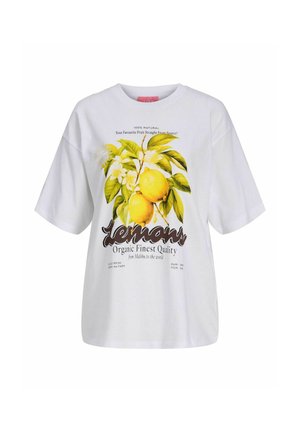 T-shirt blanc avec une illustration de citrons jaunes et de feuilles vertes, accompagné d'un texte promouvant les citrons biologiques et leur fraîcheur de qualité.