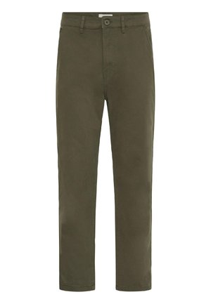 Pantalones informales rectos de color verde oliva para hombre, con cierre de botón y trabillas para cinturón, diseñados para el uso diario.