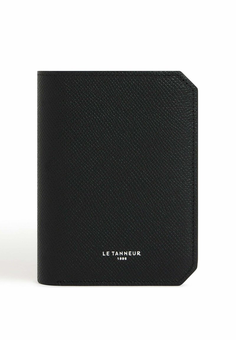 Black textured leather wallet, featuring a smooth finish, rounded corners, and embossed logo in silver at the bottom center.