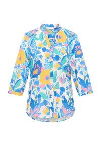 Blumenhemd mit Kragen, das große gelbe, pinke und blaue Blumen auf einem weißen Hintergrund zeigt. Hergestellt aus leichtem Stoff.