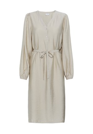 Beige long-sleeve dress with a V-neck, button closure, and matching belt. Made of soft, textured fabric with gathered sleeves.