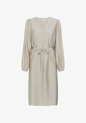Beige lange mouwen jurk met een V-hals, knoopsluiting en bijpassende riem. Gemaakt van zachte, gestructureerde stof met gathers in de mouwen.