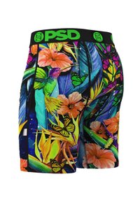 Fargerike herreboxershorts med et livlig tropisk mønster med blomster, blader, sommerfugler og en svart midjebånd med grønn logo.