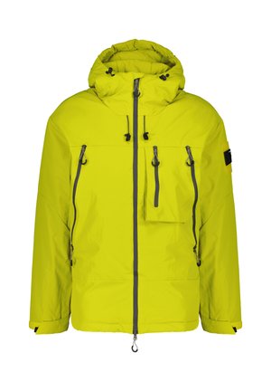 Lime green lightweight jacket with a hood, zippered front and pockets, black zipper accents, and adjustable drawstrings at the collar.