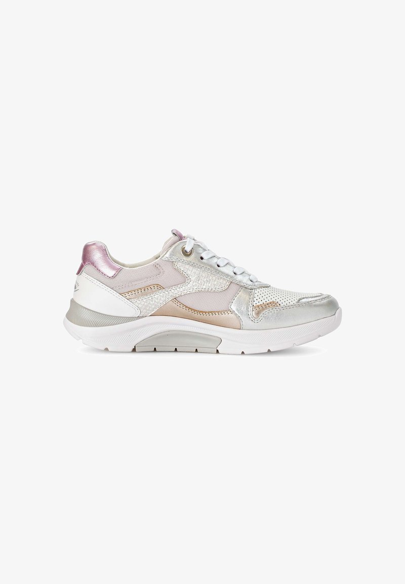 White and metallic silver low-top sneaker with pink heel detail, mesh fabric, textured accents, and white lace-up closure, shown from the side.