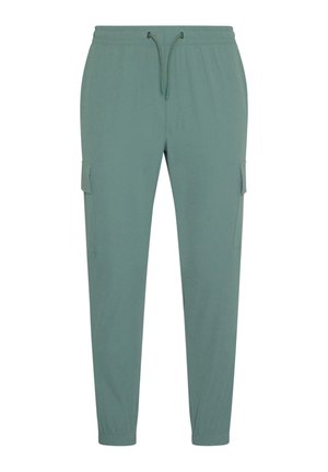 Green jogger pants made of soft fabric, featuring a drawstring waistband, tapered leg, and side cargo pockets for functionality.