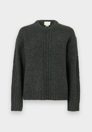 Σκούρο γκρι πλεκτό πουλόβερ με στρογγυλό λαιμό, ribbed cuffs και στρίφωμα. Διαθέτει κάθετες υφασμάτινες γραμμές στο μπροστινό μέρος και μαλακό, ζεστό υλικό.