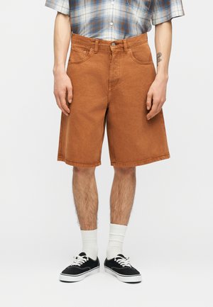 Muškarac u hrđavo smeđim kratkim hlačama do koljena, bijelim čarapama, crnim tenisicama i kratkom rukavom karirane košulje stoji nasuprot bijeloj pozadini.